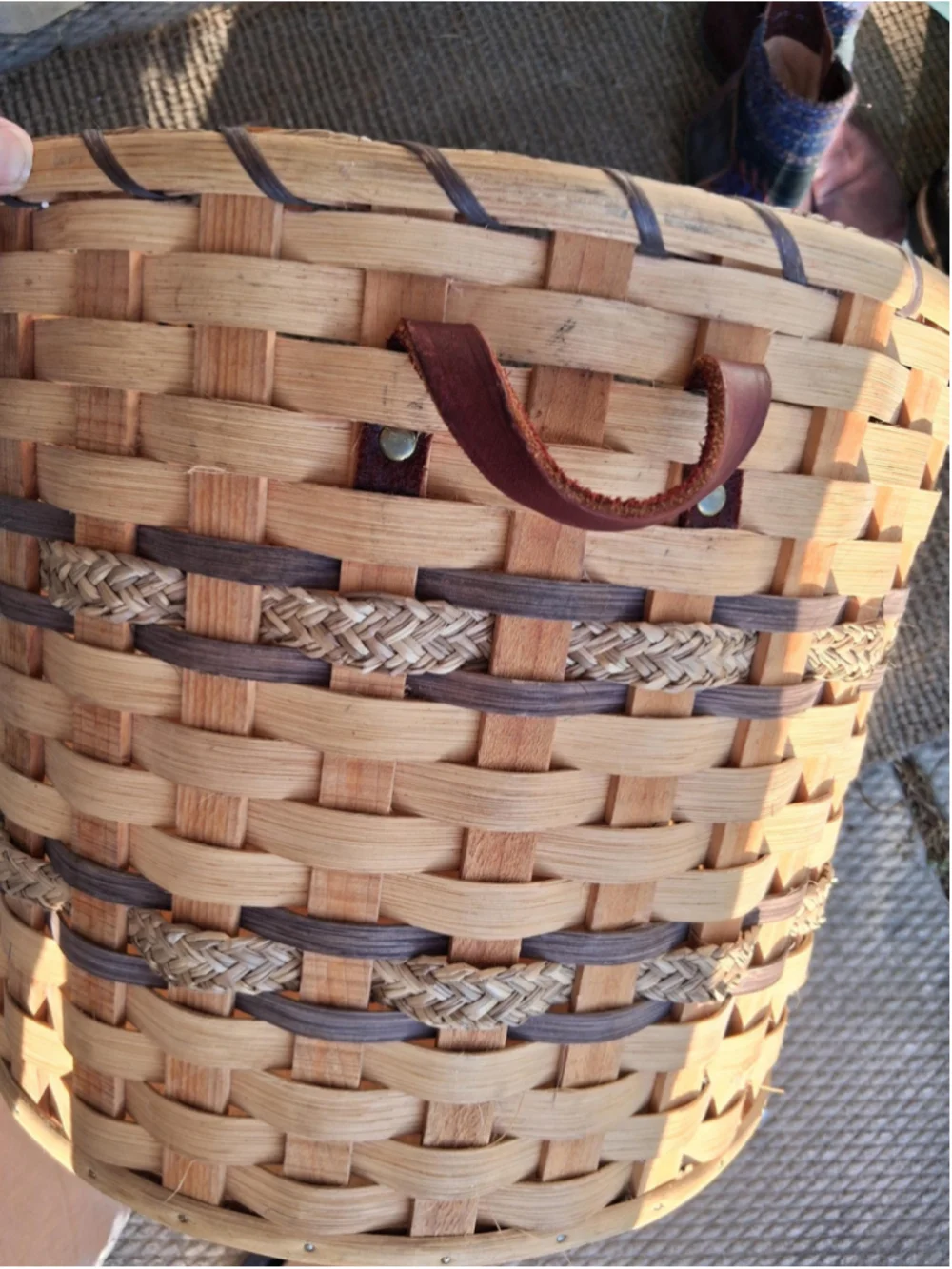 Vintage wicker amish woven splint large basket hand made leather straps